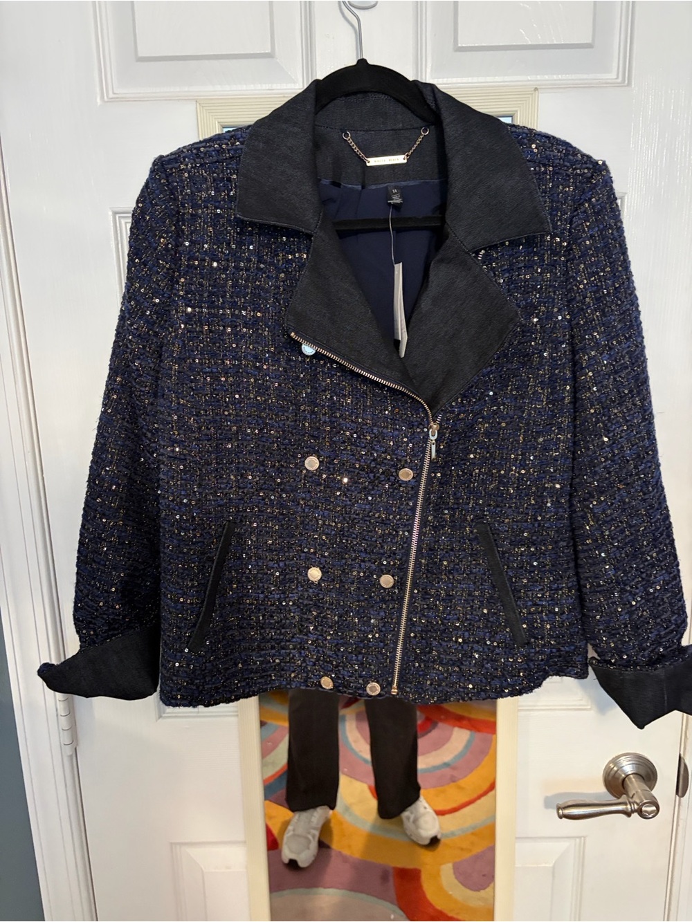 White House Black Market Navy Tweed Moto Blazer with Metallic Accents